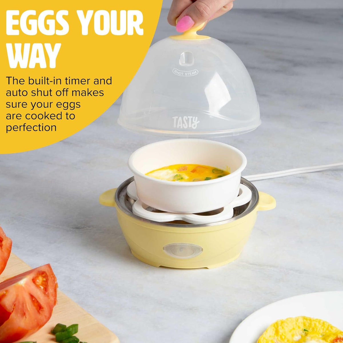 Tasty Mini Rapid Egg Cooker, 5-Egg Capacity for Perfect Hard Boiled Eggs or Omelets, Auto Shut Off, Yellow