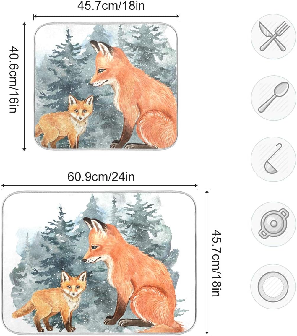 Super Absorbent Dish Drying Mat, Microfiber Fast-Drying Dish Mat, 24" x 18", Kitchen Dish Drying Pad, Watercolor Cute Fox Winter Christmas