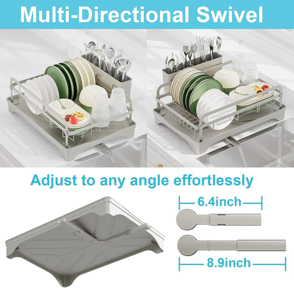 Dish Drying Rack - Space-Saving Dish Rack,Dish Racks for Kitchen Counter with Drainboard,Rustproof Countertop Dish Drainer with Utensil Holder for Sink Grey