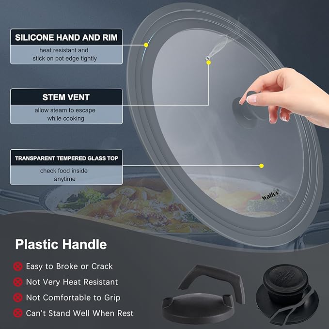 Walfos Universal Lid for 13", 14" and 15" Diameter Cookware - Tempered Glass Pan Lid with Heat Resistant Silicone Rim, BPA Free Pot Lids, Fits Pots, Pans and Skillets, Dishwasher-Safe, Gray