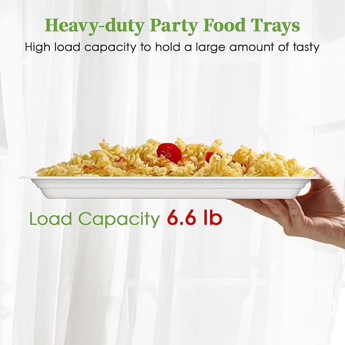 ECOLipak 50 Pack 14 Inch Disposable Food Crawfish Trays, Compostable Large Paper Plates, Disposable Thanksgiving Trays for Serving Food, Turkey, BBQ, Seafood Boil Party Supplies(White)