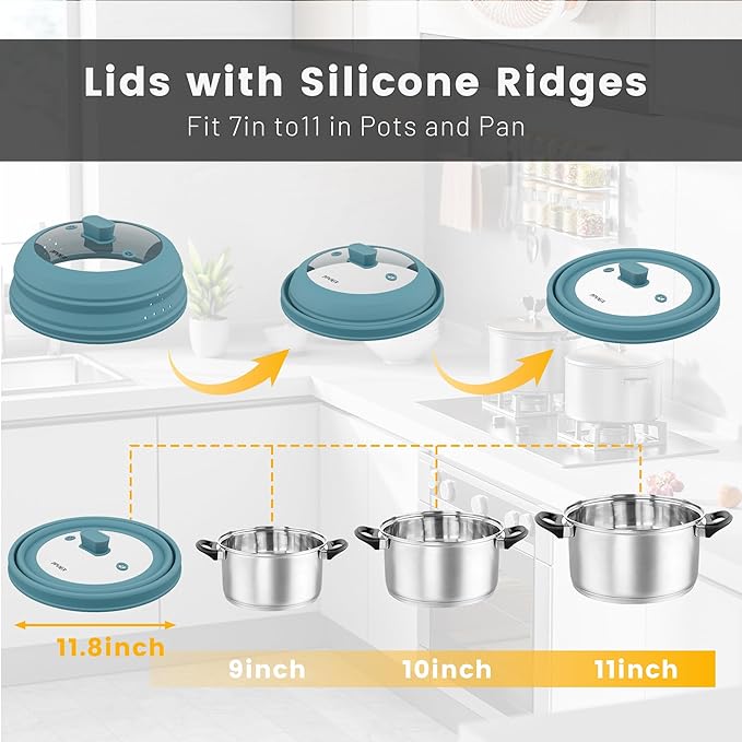 Microwave Splatter Cover, Vented Silicone and Glass Cover Splatter Guard Lid, Food Collapsible Plate Cover Lid with Easy Grip Handle. (Blue, 11.8 inch)