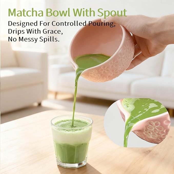 Matcha Whisk Set Matcha Kit: Ceramic Matcha Bowl, Matcha Whisk Holder, Bamboo Whisk(Chasen), Bamboo Scoop, 4Pcs Matcha Tea Set for Matcha Lover, Family Christmas Birthday Gift (Pink)