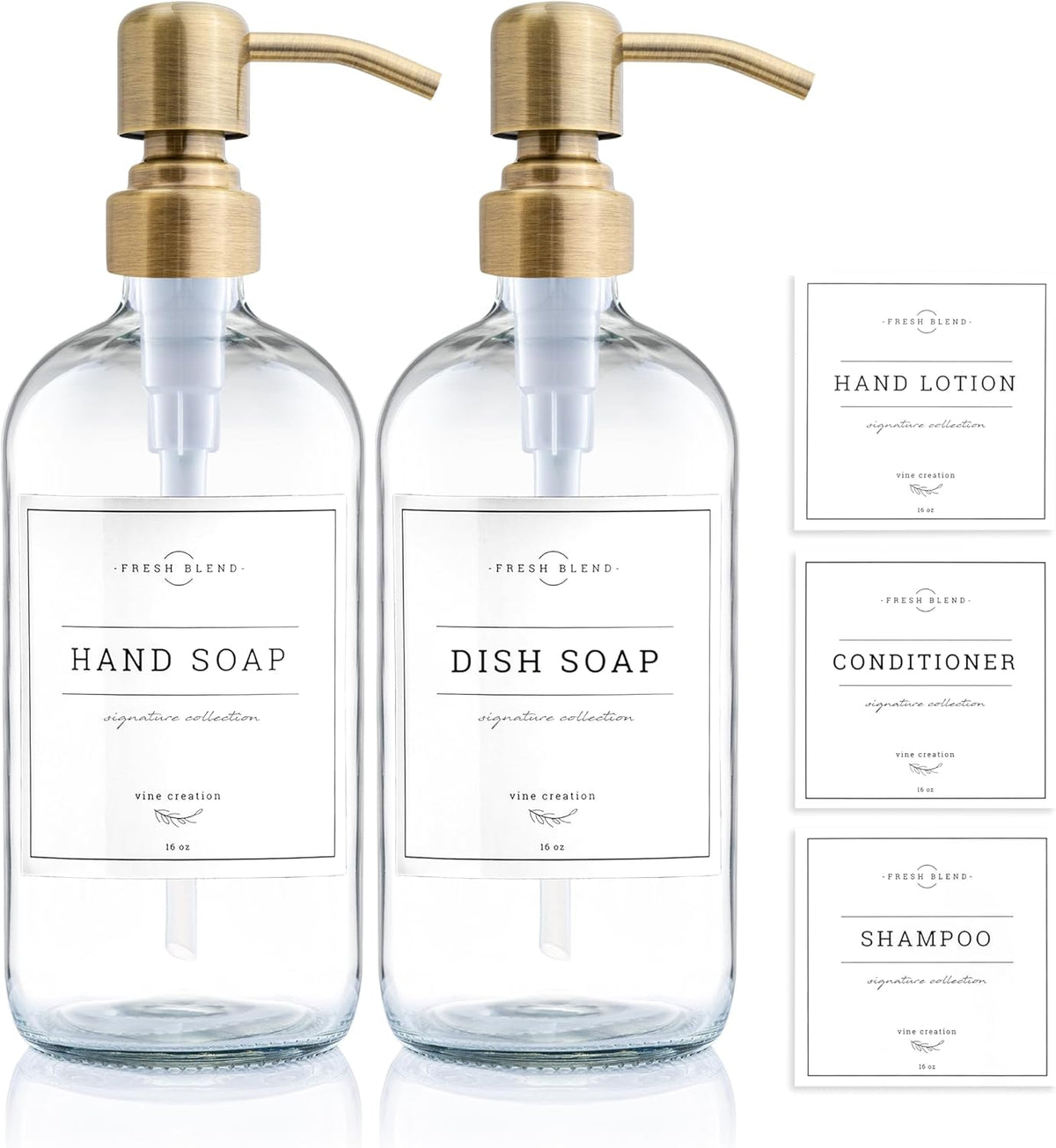 Vine Creations Clear Glass Soap Dispenser, 2 Pack Kitchen Soap Dispenser Set with Stainless Steel Pump, 16 oz Dish Soap and Hand Soap Dispensers for Bathroom with Waterproof Labels