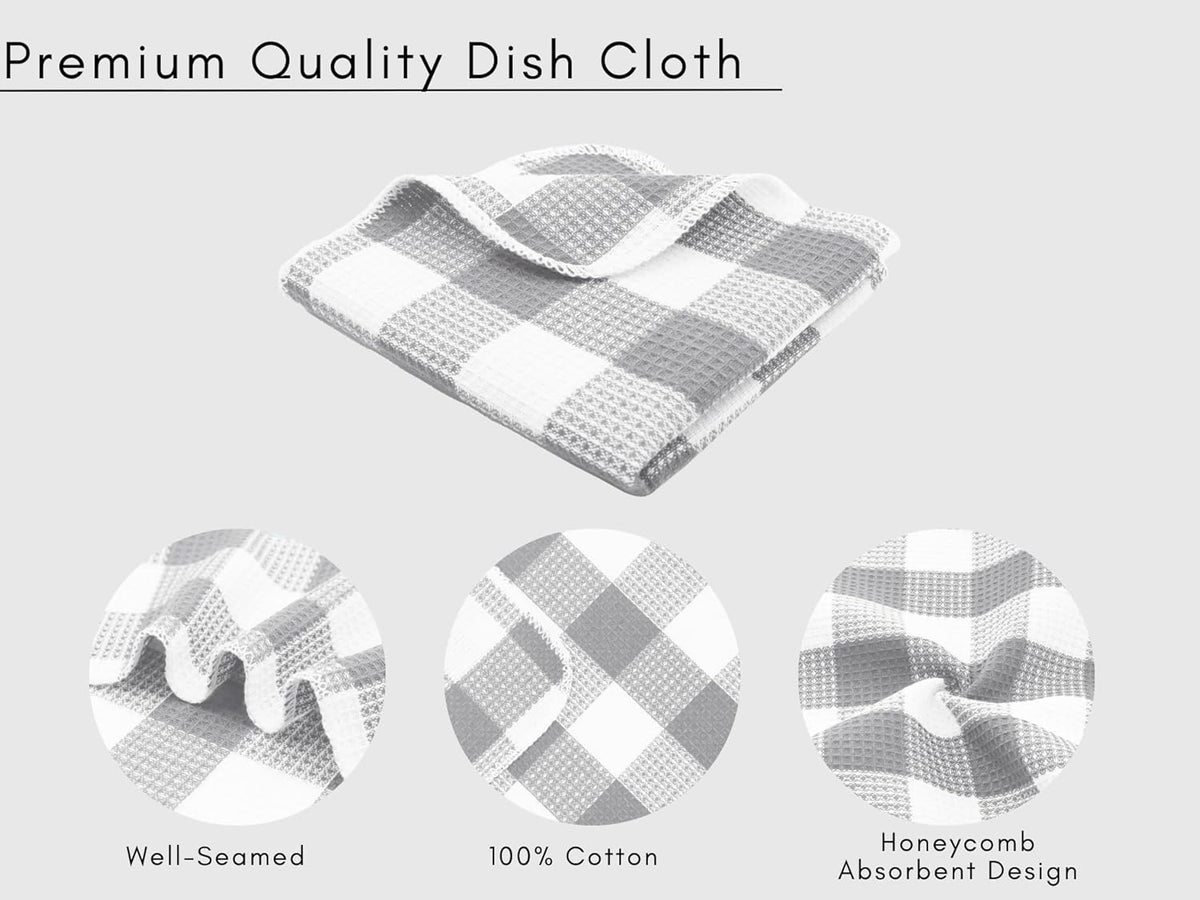 PurpleEssences Waffle Weave Plaid Dish Cloths, 100% Cotton - 12 x 12 Inches, Ultra Soft Absorbent Quick Drying Dish Towels Buffalo Check Dish Rags for Kitchen, 8 Pack - Spring Summer - Grey & White