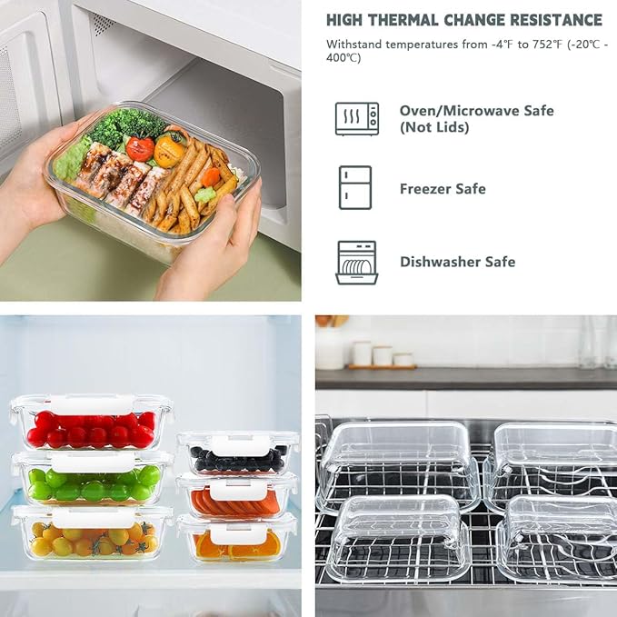KAMOTA Glass Food Storage Containers, 10 Pack Glass Meal Prep Containers, Airtight Containers with Snap-Lock Lids, 34 oz and 13 oz white Container Set with Lids, for Microwave/Oven/Freezer