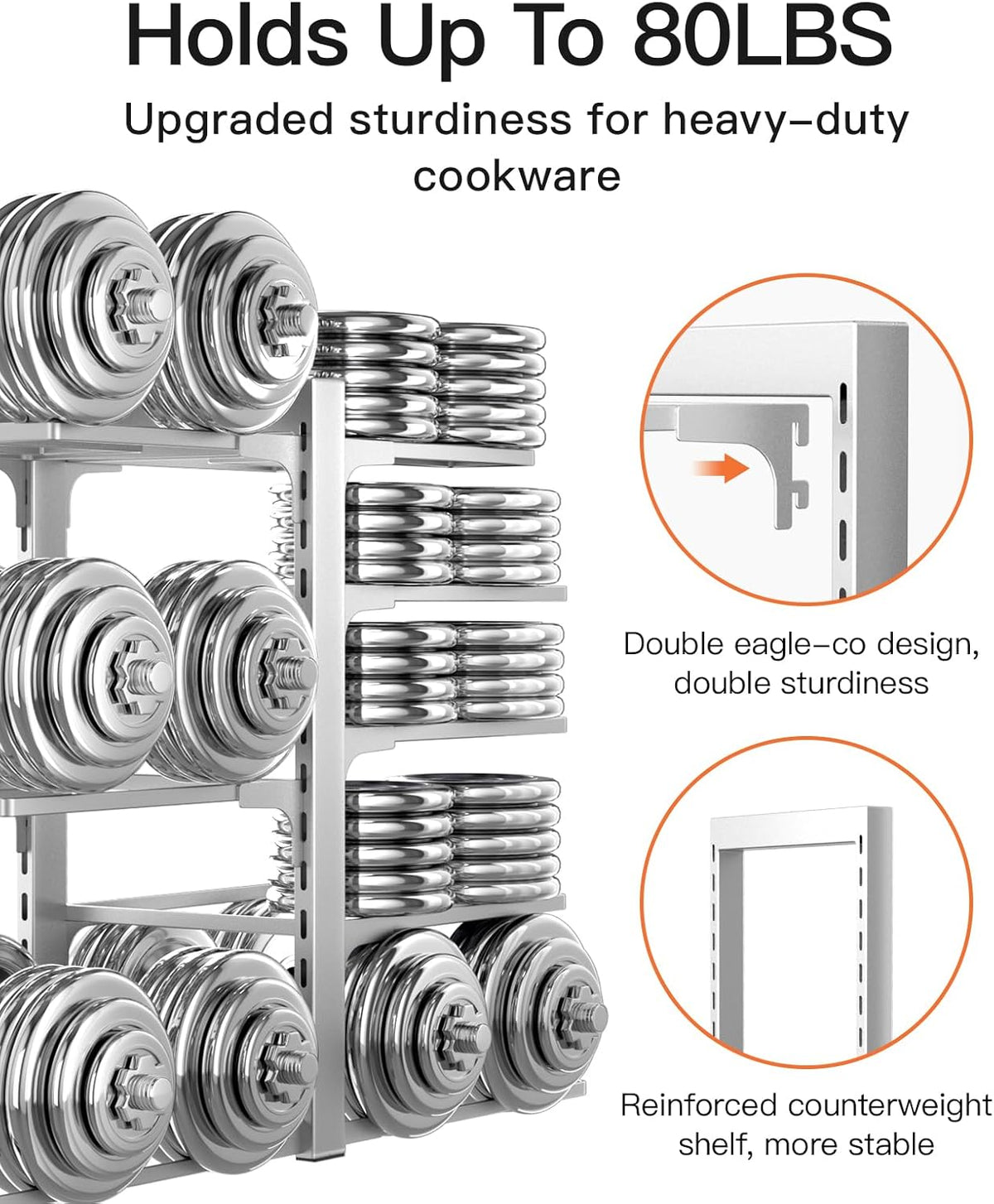 ORDORA 8-Tier Pots and Pans Organizer under Cabinet, Kitchen Cabinet Organizers and Storage, Heavy Duty 120LBS Pots and Pan Storage Rack Organizer inside Cabinet, Adjustable, Silver