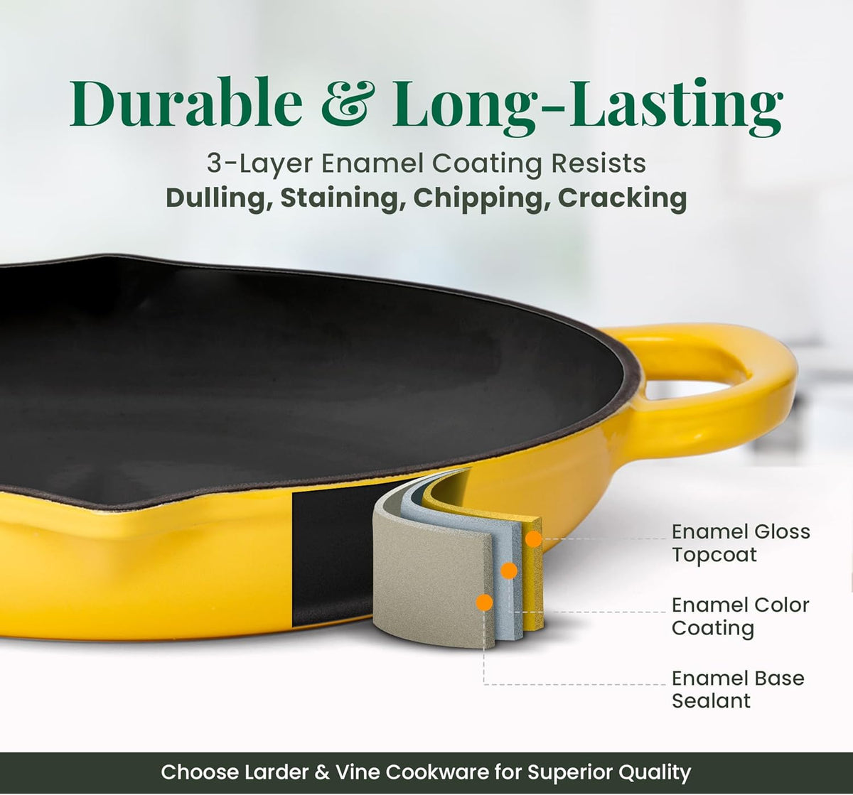 Larder & Vine Enameled Cast Iron Skillet | 10.25 in Cast Iron Pan | Saute Pan with Pour Spouts | Enamel Coated Skillet | Compatible on All Cooktops & Oven Safe to 500F | Limoncello