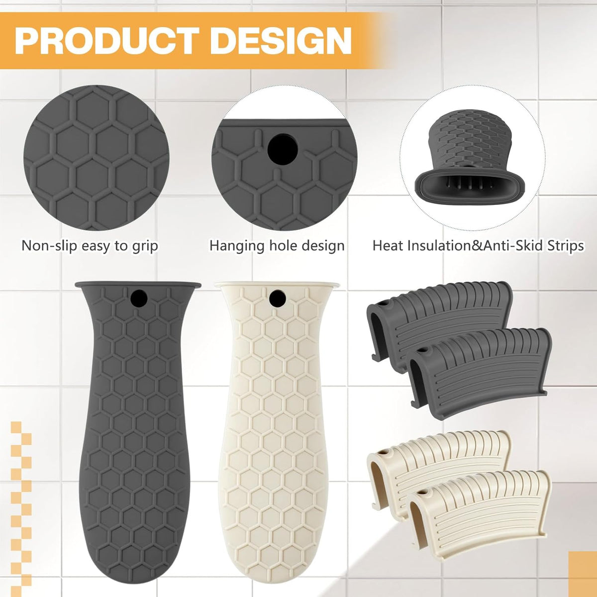 Patelai 8 Pcs Silicone Pot Holders Cast Iron Handle Cover Heat Resistant Pot Handle Covers Potholder Non Slip Reusable Pan Sleeve for Frying Pan Kitchen Supplies (Black,Gray,Light Gray,Khaki)