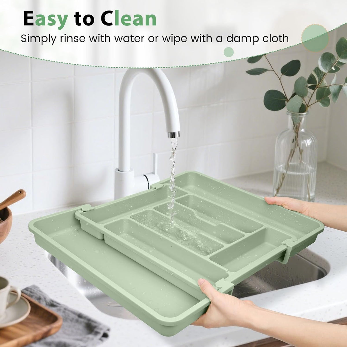 Caperci Large Silverware Organizer for Kitchen Drawer & Utensils - Expandable Drawer Organizer for Cutlery, Flatware & Gadget, BPA-Free Thick Plastic, Wider Compartments & Non-skid Feet (Sage Green)