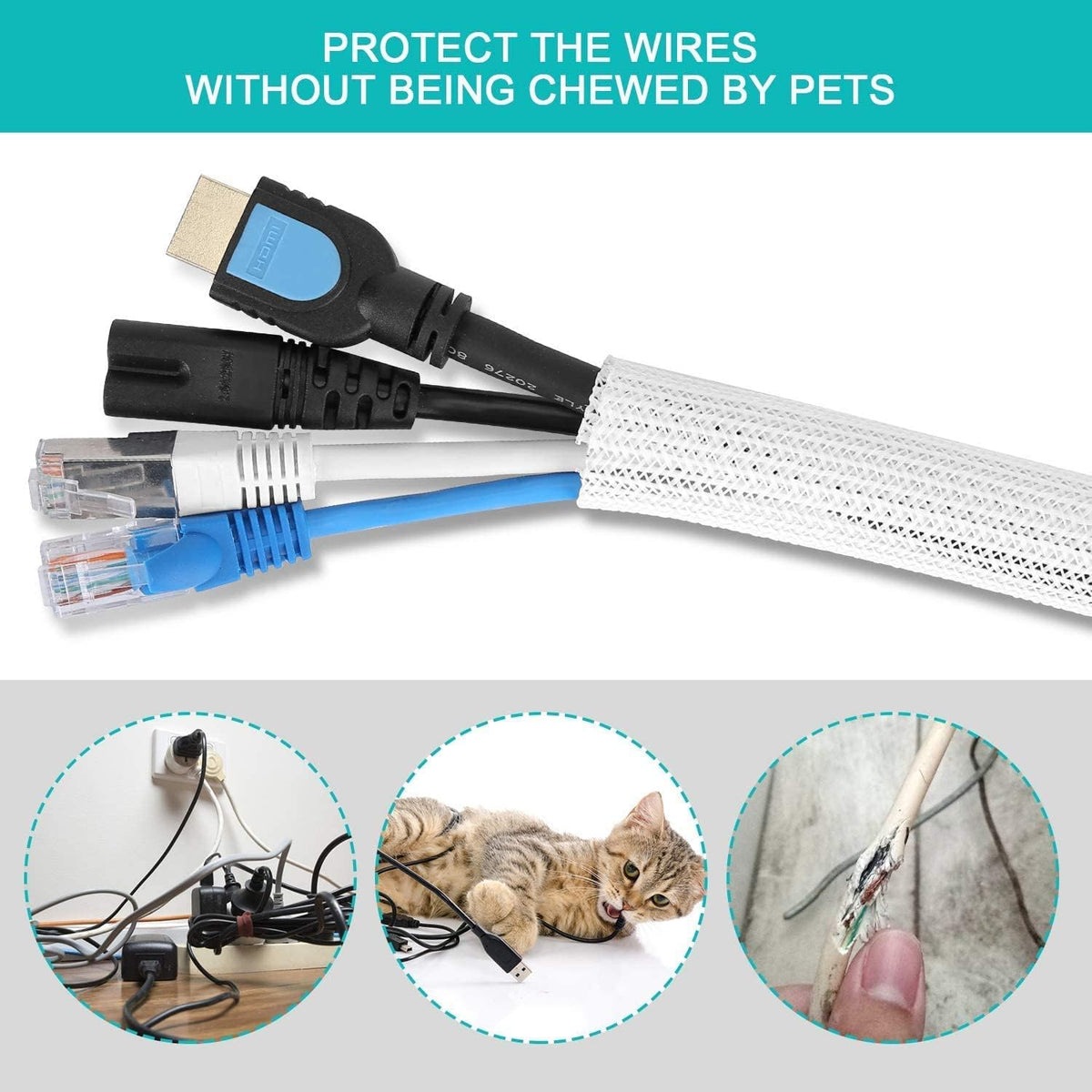 6.6ft - 1.2 inch White Cable Sleeve, Cable Organizer for Desk PC TV Computer, Wire Protector Cable Wrap Cover, Cord Management for Home Office