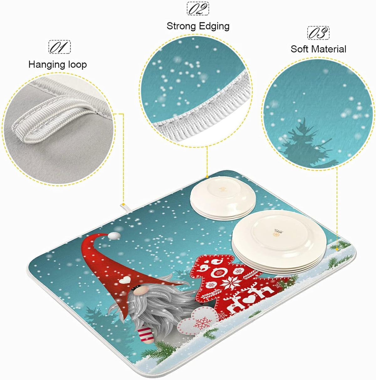 Super Absorbent Dish Drying Mat, Microfiber Fast-Drying Dish Mat, 16" x 18", Kitchen Dish Drying Pad, Watercolor Cute Christmas Gnome…