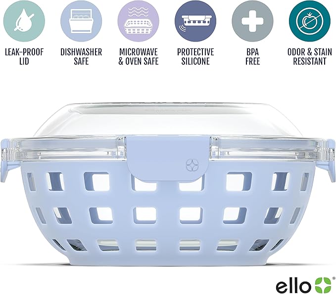 Ello Duraglass Meal Prep Container- Glass Food Storage Container with Silicone Sleeve and Airtight BPA-Free Plastic Lid, Dishwasher, Microwave, and Freezer Safe