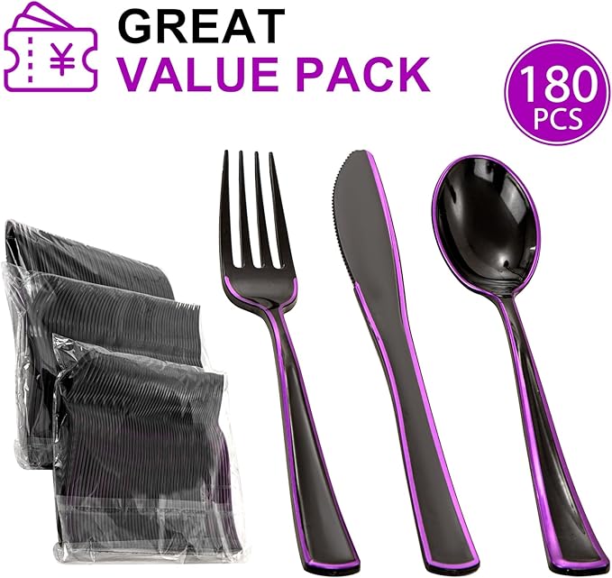 WDF 180 Pieces Black and Purple Halloween Plastic Silverware - Black Flatware Set Include 60 Forks, 60 Knives and 60 Spoons Heavy Duty Plastic Cutlery Purple Utensils for Halloween Party/Birthday