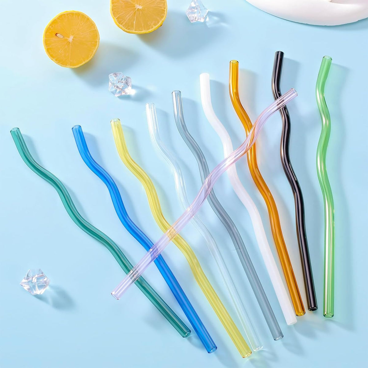 10 Pcs Reusable Wavy Colorful Glass Straws,9''x8 mm Shatter Resistant Cute Drinking Straws with 2 Cleaner Brush for Beverages,Coffee,Juice,Cocktail,Teas