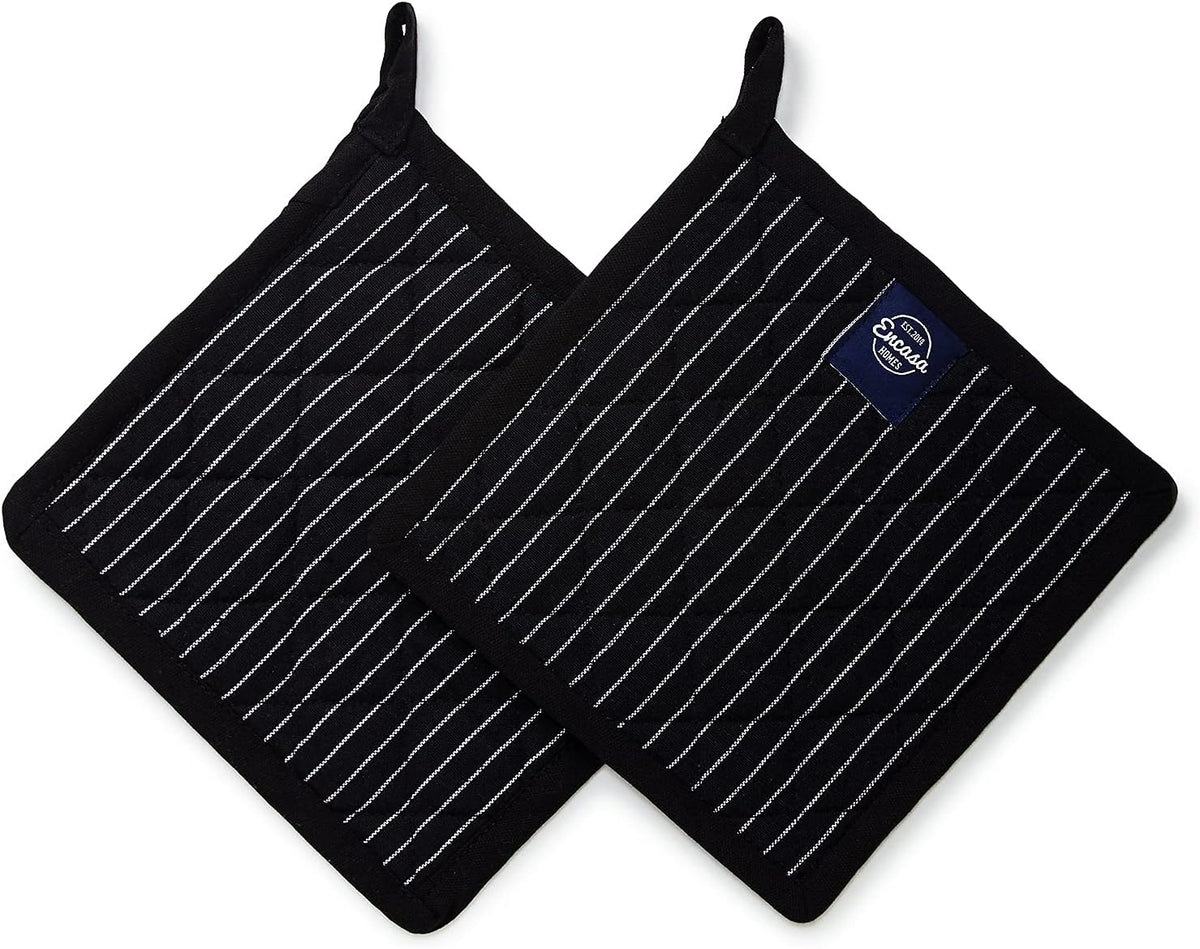 Encasa Homes 8 inches Oven Microwave Potholders (2 pc Set) for Kitchen Cooking & Baking - Heat Resistant, Thick & Safe, Protection of Hands from Hot Utensils - Butcher Stripes Black