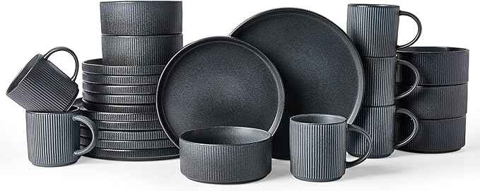 Famiware Star Dinnerware Set with Mugs, Service for 6 (24 Pieces), Ribbed Stoneware Plates and Bowls Dishes Sets - Chip & Scratch Resistant, Microwave & Dishwasher Safe, Matte Dark Charcoal