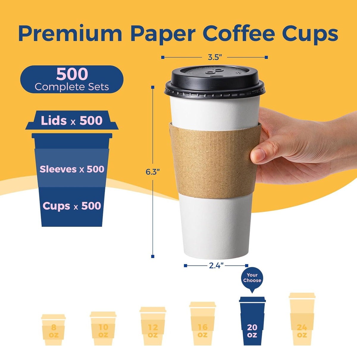 Fit Meal Prep 500 Pack 20 oz Disposable Coffee Cups with Lids, Sleeves, Leak-Proof To Go Coffee Cups with Lids, Durable Paper Cups for Hot Beverage, Home, Office, Party