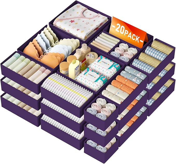 DIMJ Drawer Organizer Clothes Storage - 20 Pack Baby Dresser Organizer for Nursery, Foldable Closet Drawer Bins for Bedroom Organization, Fabric Storage Dividers for Socks, Underwears, Purple