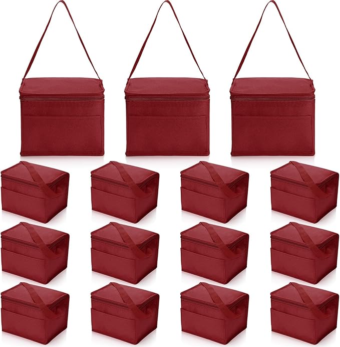 Nuogo 15 Pack Insulated Lunch Bags Bulk, Reusable Cooler Boxes, Leakproof Lunch Boxes Set, Waterproof Thermal Coolers, Insulated Beverage Bag for Women Men Work Picnic Beach(Wine Red)