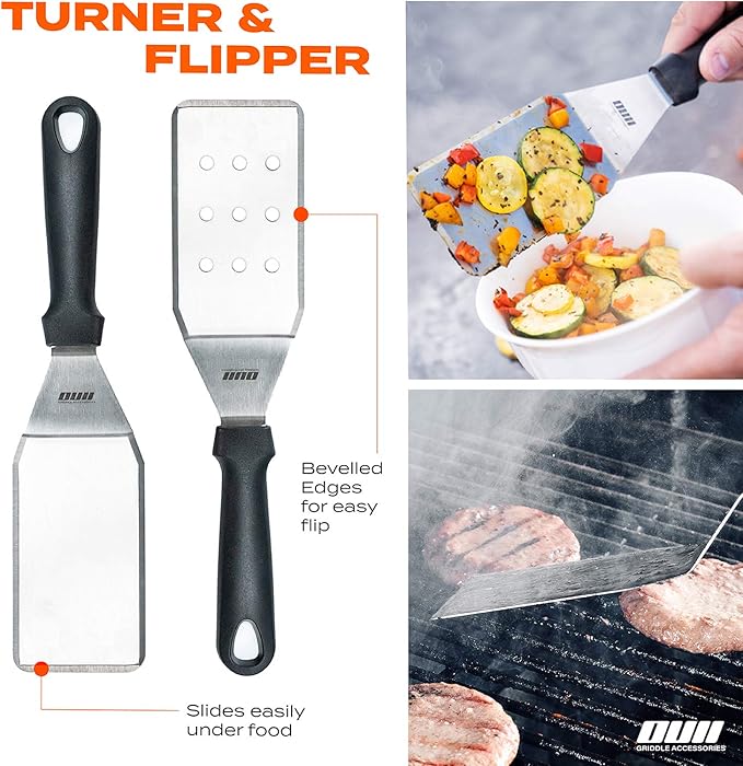 Flat Top Griddle Accessories for Blackstone and Camp Chef Griddle - 9 Pieces Set with Griddle Cleaning Kit and Carry Bag! Metal Spatula, Scraper for Hibachi and Teppanyaki Grill