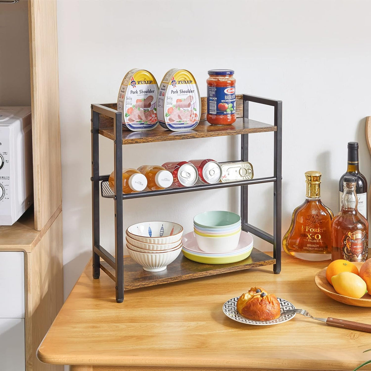 IBUYKE 3-Tier Spice Rack Industrial Counter Shelf Desktop Storage Organizer Standing Seasoning Rack for Countertop Kitchen Office Living Room Desktop Rustic Brown UTLJ021H