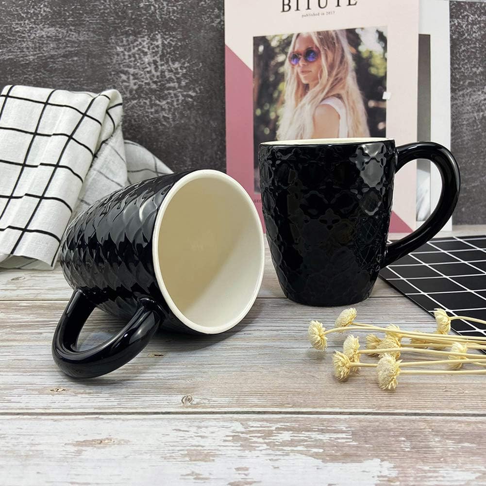 Schliersee 12 OZ Black Ceramic Coffee Mugs Set 6, Stylish Embossed 6 Patterns Coffee Cups Set for Coffee, Tea, Milk, Cocoa, Cereal, Water, Microwave Safe