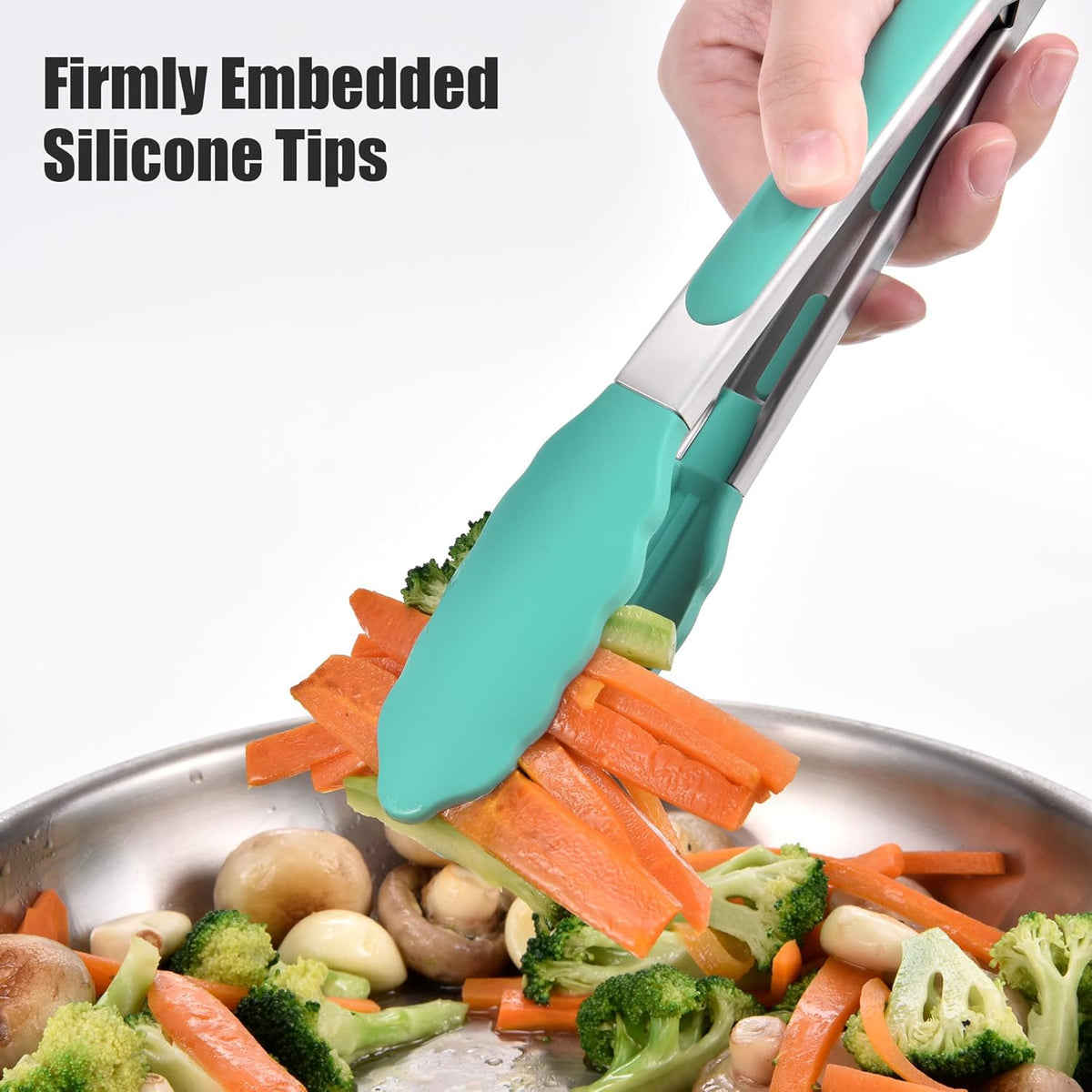 Doosu Kitchen Tongs for Cooking - 600°F Heat Resistant Food Tong Set with Non-Scratch Silicone Tips, Heavy Duty Stainless Steel Locking Tong for BBQ, Grilling Steak, Serving Salad (9+12in, Aqua Sky)