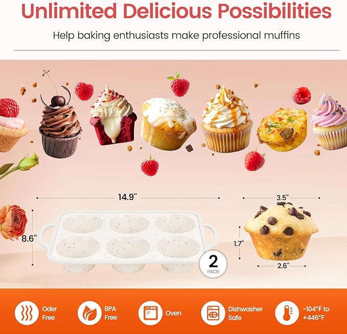 Silicone Jumbo Muffin Pan with Metal Frame, Non Stick Food Grade Silicone Large Muffin Pan Set of 2, with Handles 6 Cup,BPA-Free and Dishwasher Safe, Jumbo Cupcake Pans