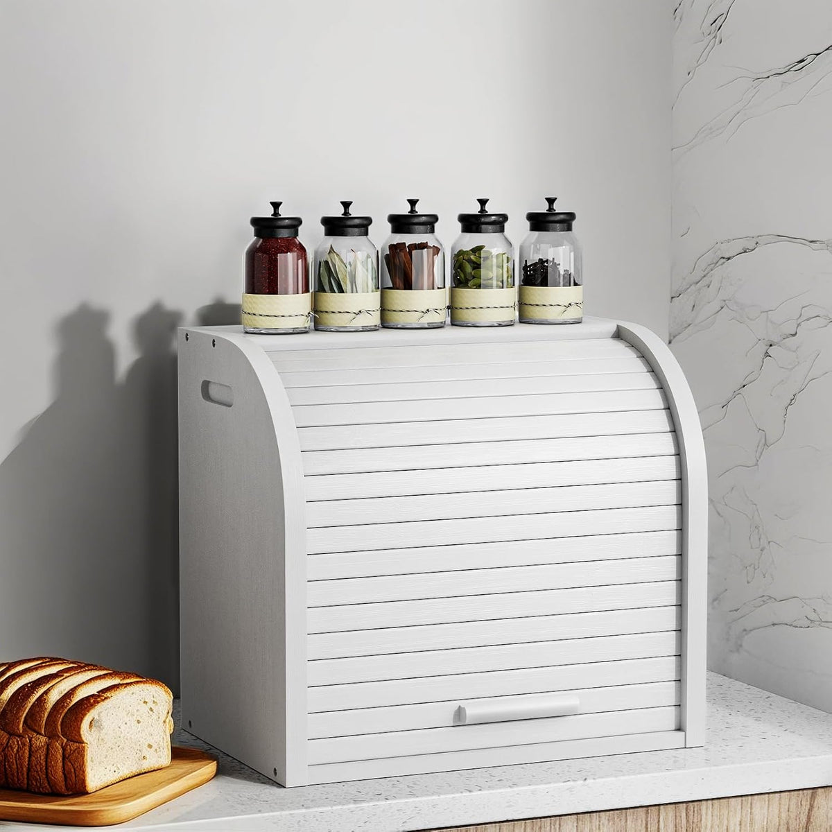 G.a HOMEFAVOR Bread Box: Large 2-Tier Bamboo Roll Top Bread Storage Container for Kitchen Counter, Bread Holder Food Bin for Countertop, Self-Assembly, White