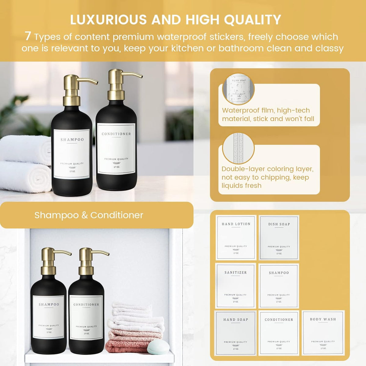 Glass Soap Dispenser for Kitchen, Farmhouse Dish Soap Dispenser&Hand Soap Dispenser Set,Rustproof Pump Lotion Dispenser Bathroom with Tray,Waterproof Label for Kitchen Decor(Black