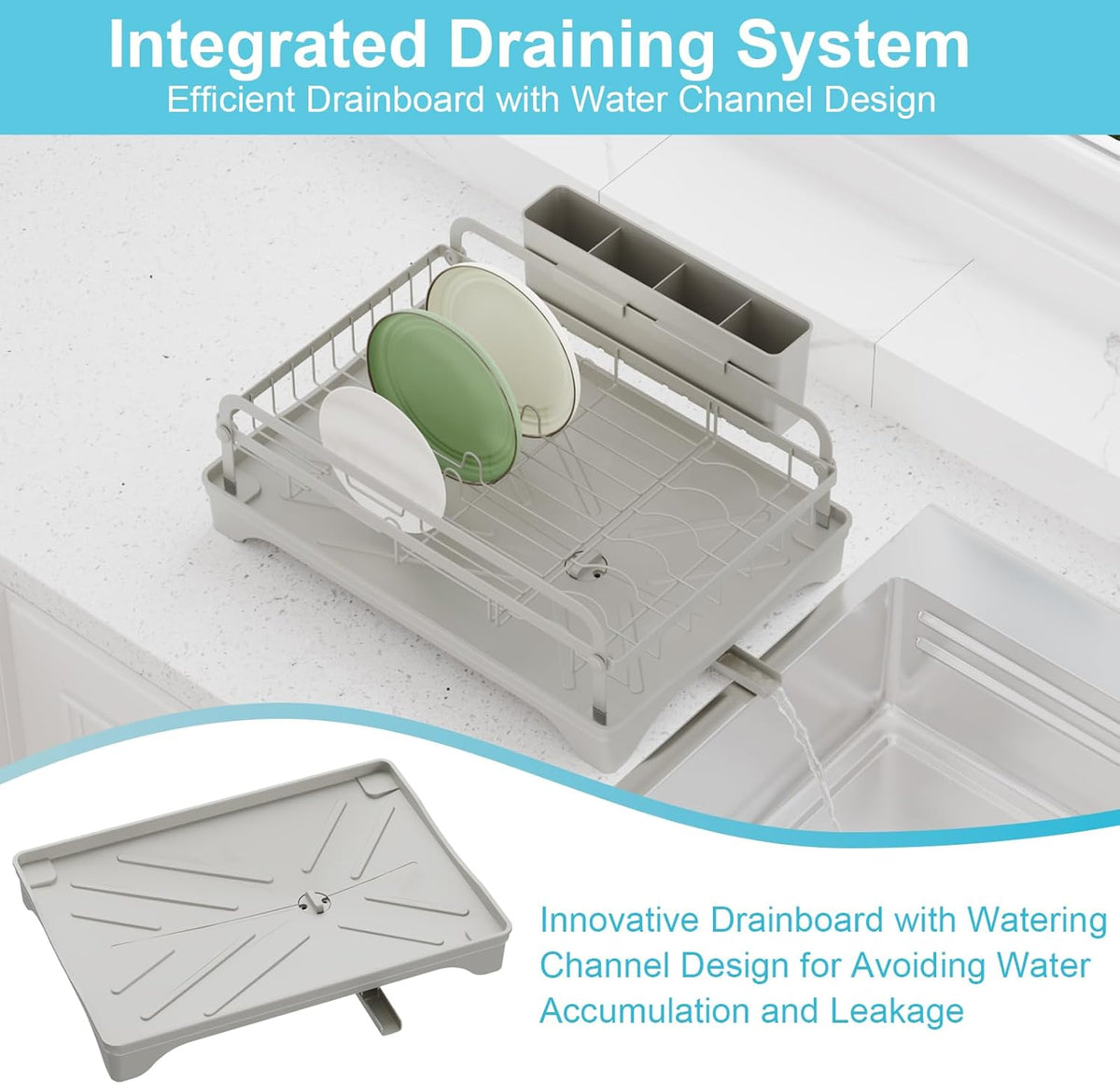 Dish Drying Rack - Space-Saving Dish Rack,Dish Racks for Kitchen Counter with Drainboard,Rustproof Countertop Dish Drainer with Utensil Holder for Sink Grey