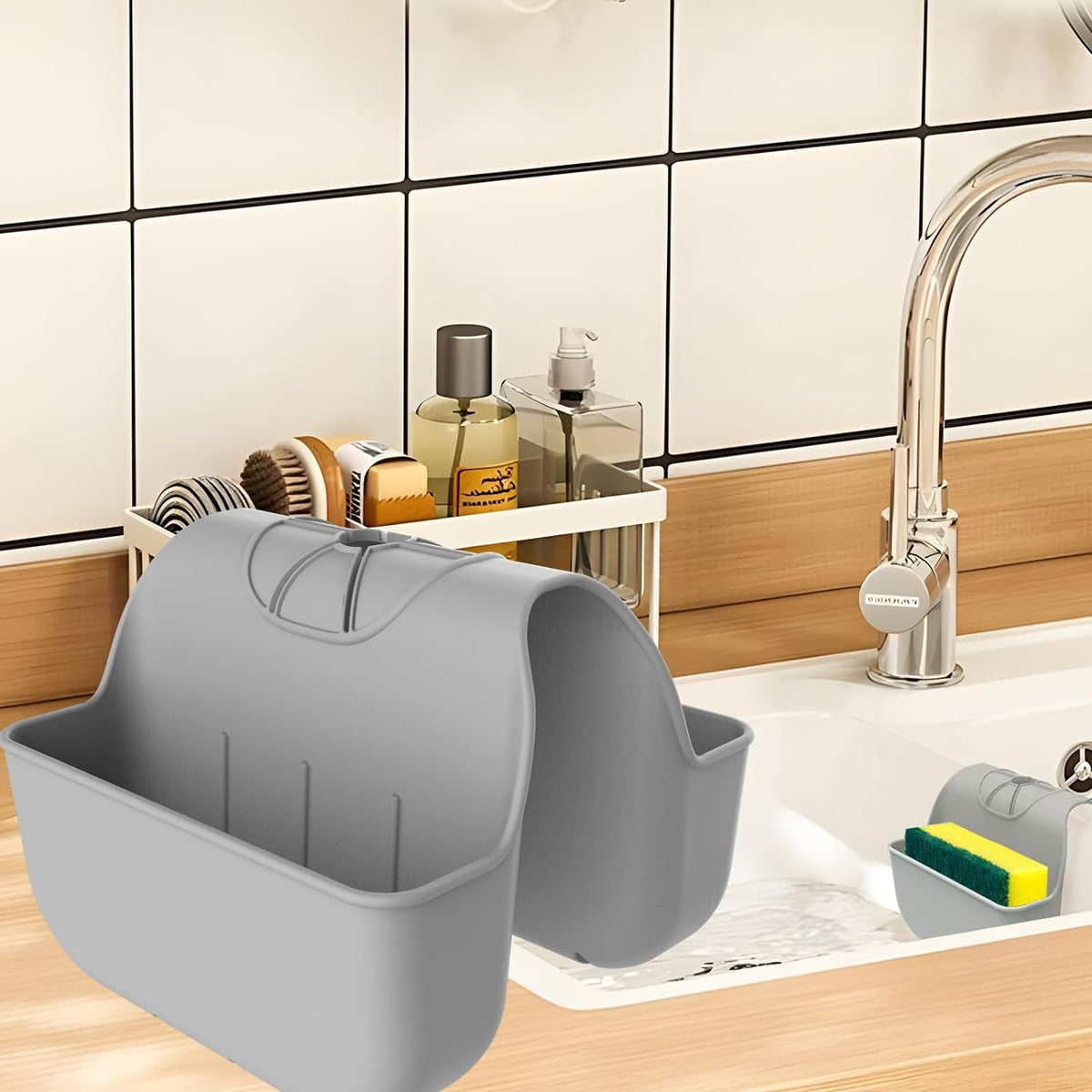 Sponge Holder for Kitchen Sink, Silicone Sink Saddle Caddy Organizer Rack, Sponges Holder Over Faucet, Hanging Kitchen Organizer Accessories Rack Basket Gray