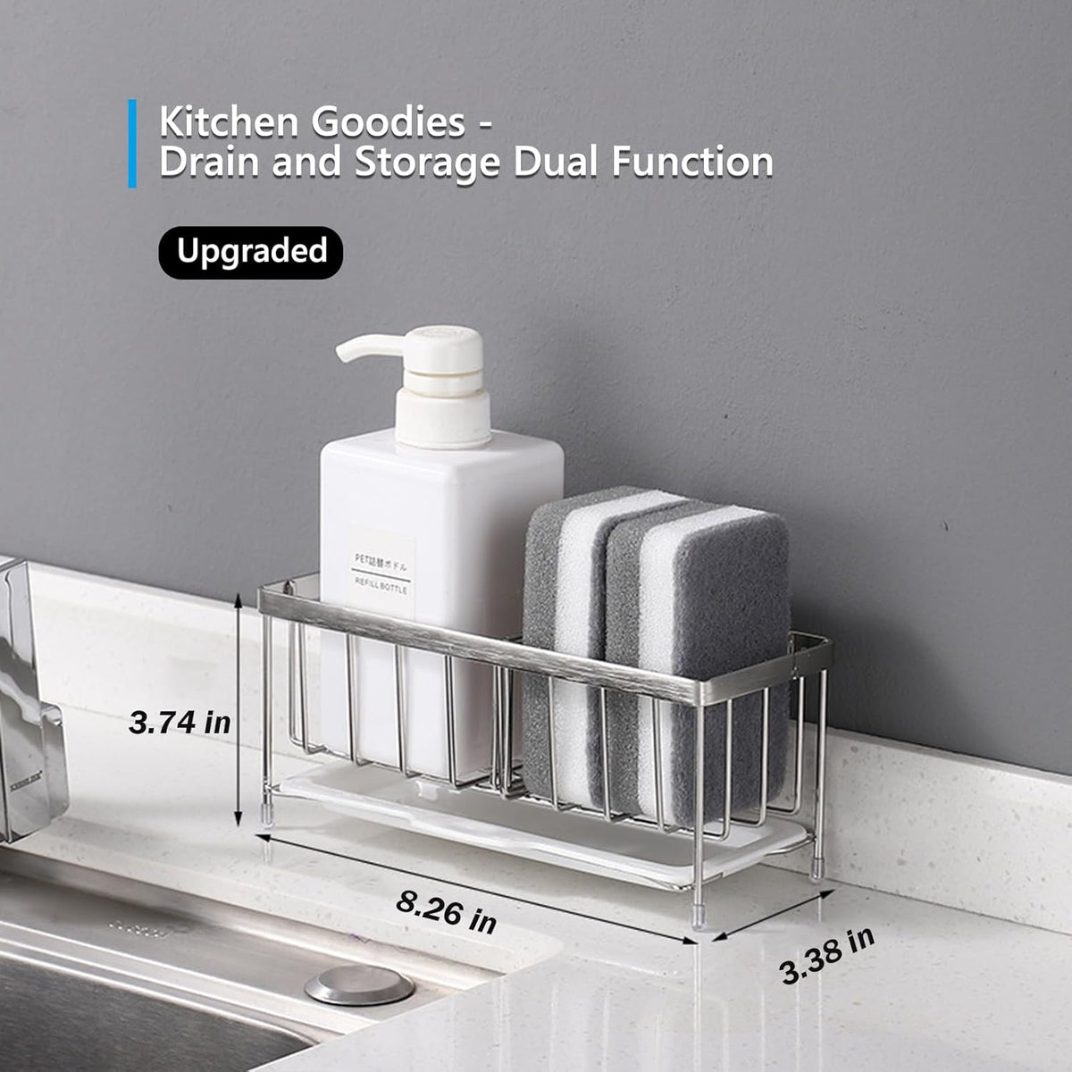Kavciva Sink Caddy Sponge Holder,304 Stainless Steel Dish Brush Holder,Kitchen Countertop Sink Rack,Dish Soap Holder,Dishwashing Tool Drying Tray with Adjustable Partitions,Essential Kitchen Shelves