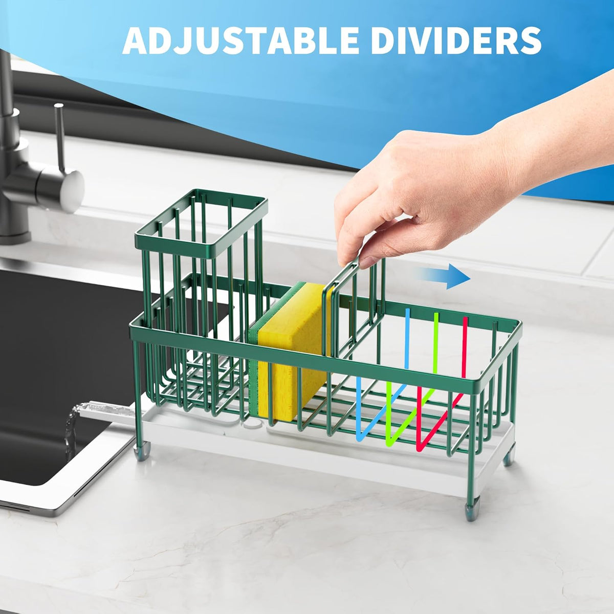 Cisily Sponge Holder for Kitchen Sink, Sink Caddy Organizer with High Brush Holder, Countertop Organizers and Storage Rustproof 304 Stainless Steel, Dark Green Kitchen Decor and Accessories