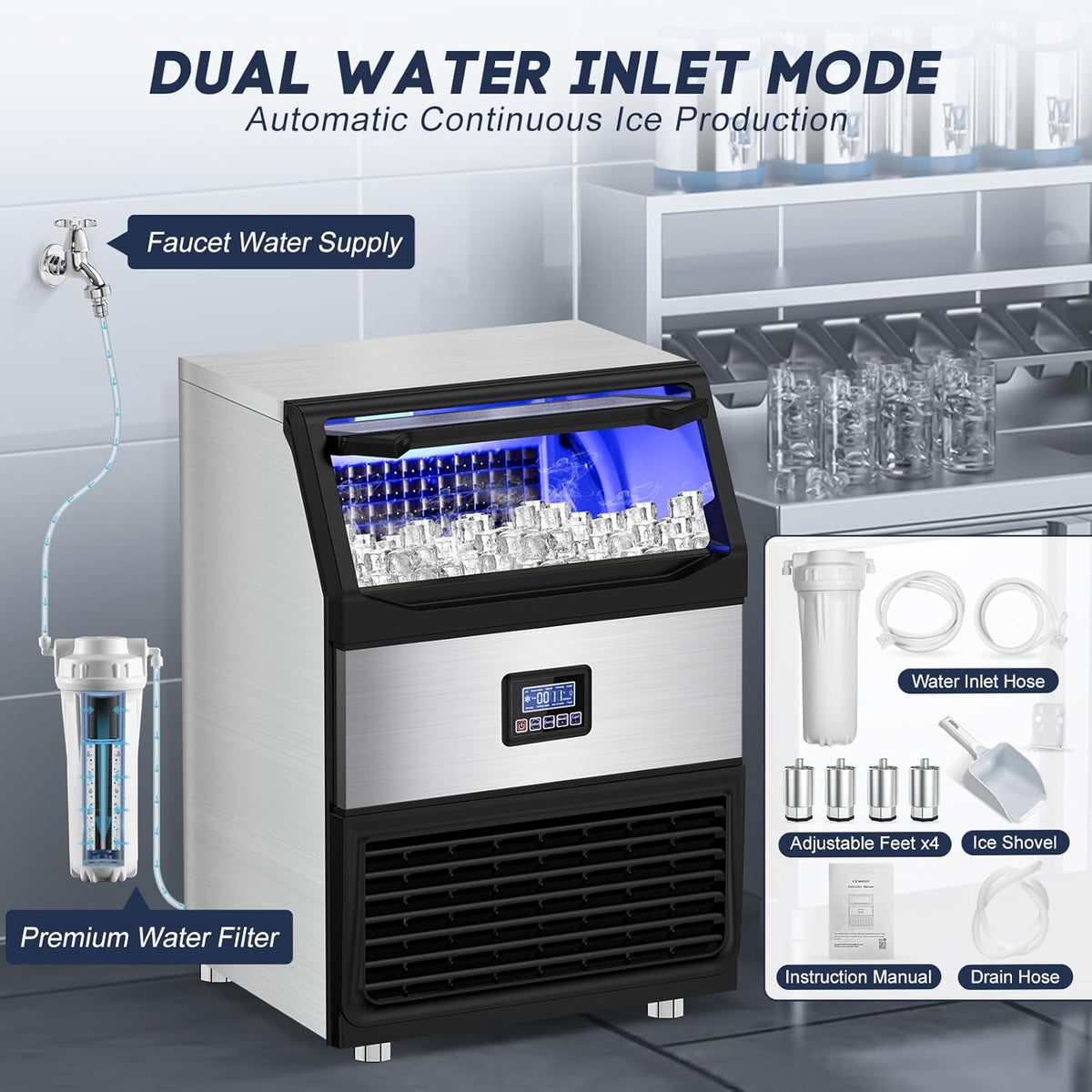 Commercial Ice Maker Machine 300LBS/24H with 75LBS Storage Bin, Stainless Steel Undercounter/Freestanding Ice Maker Machine for Home Bar Outdoor, 108PCS Ice Cubes Ice Machine, Self Cleaning
