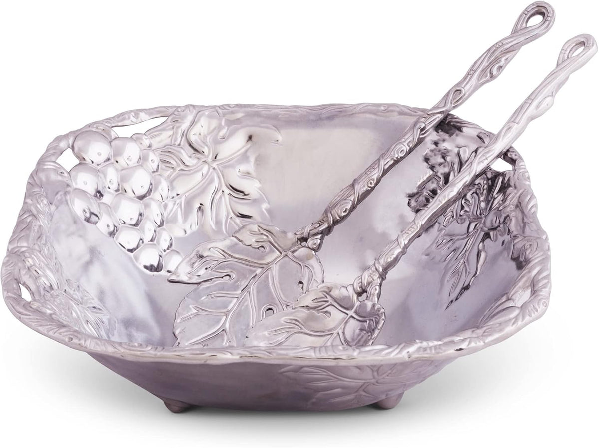 Arthur Court Designs Metal 3-Pc Grape Salad Set Bowl and Server in Grape Pattern Sand Casted in Aluminum with Artisan Quality Hand Polished Design Tarnish-Free 9.5 Inch Diameter