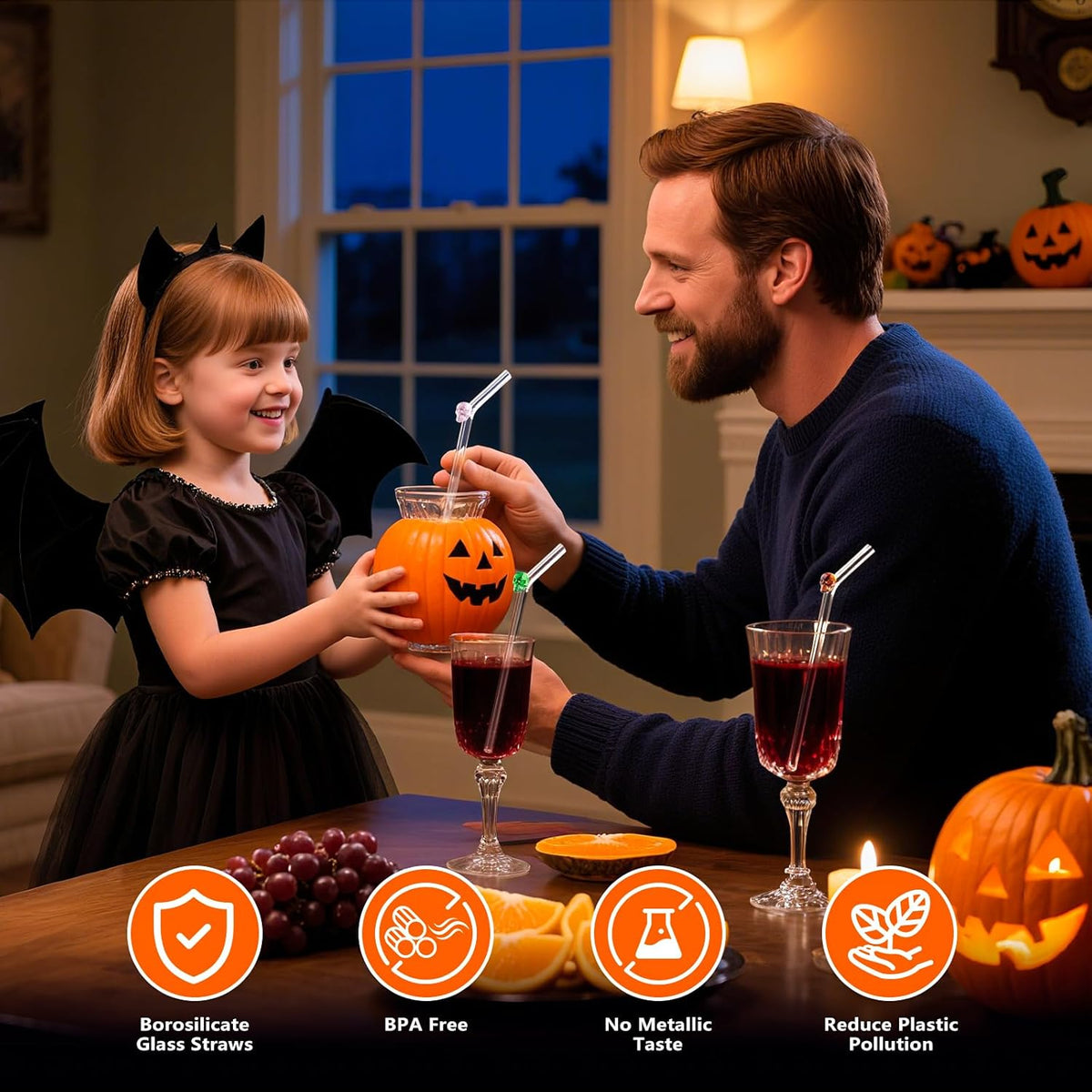 Fun Halloween Glass Straws with Charms Cute - Clear Straws Reusable: Royal Purple Limited Edition Bent 8mm 9 inch Borosilicate Set, BPA Free for Hot & Cold Drinks, Fits 16oz & 20oz Tumblers