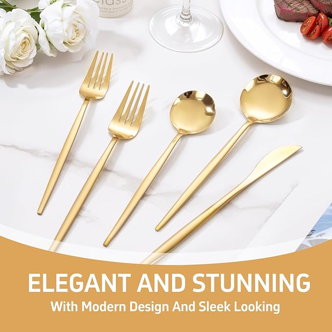 NOCCUR 20-Piece Gold Silverware Set for 4 - Stainless Steel Gold Flatware Set Include Knives, Spoons and Forks - Mirror Polished for Home/Party/Thanksgiving