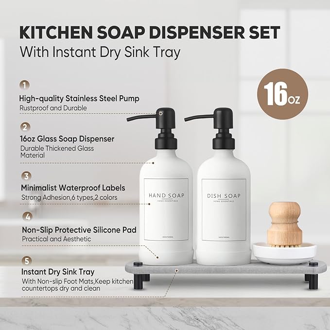 Kitchen Soap Dispenser Set with Instant Dry Tray,16 Oz Hand and Dish Soap White Glass Dispenser Set,Stainless Steel Pump,Waterproof Labels,Dish Brush,Luxury Soap Bottle for Kitchen,Bathroom