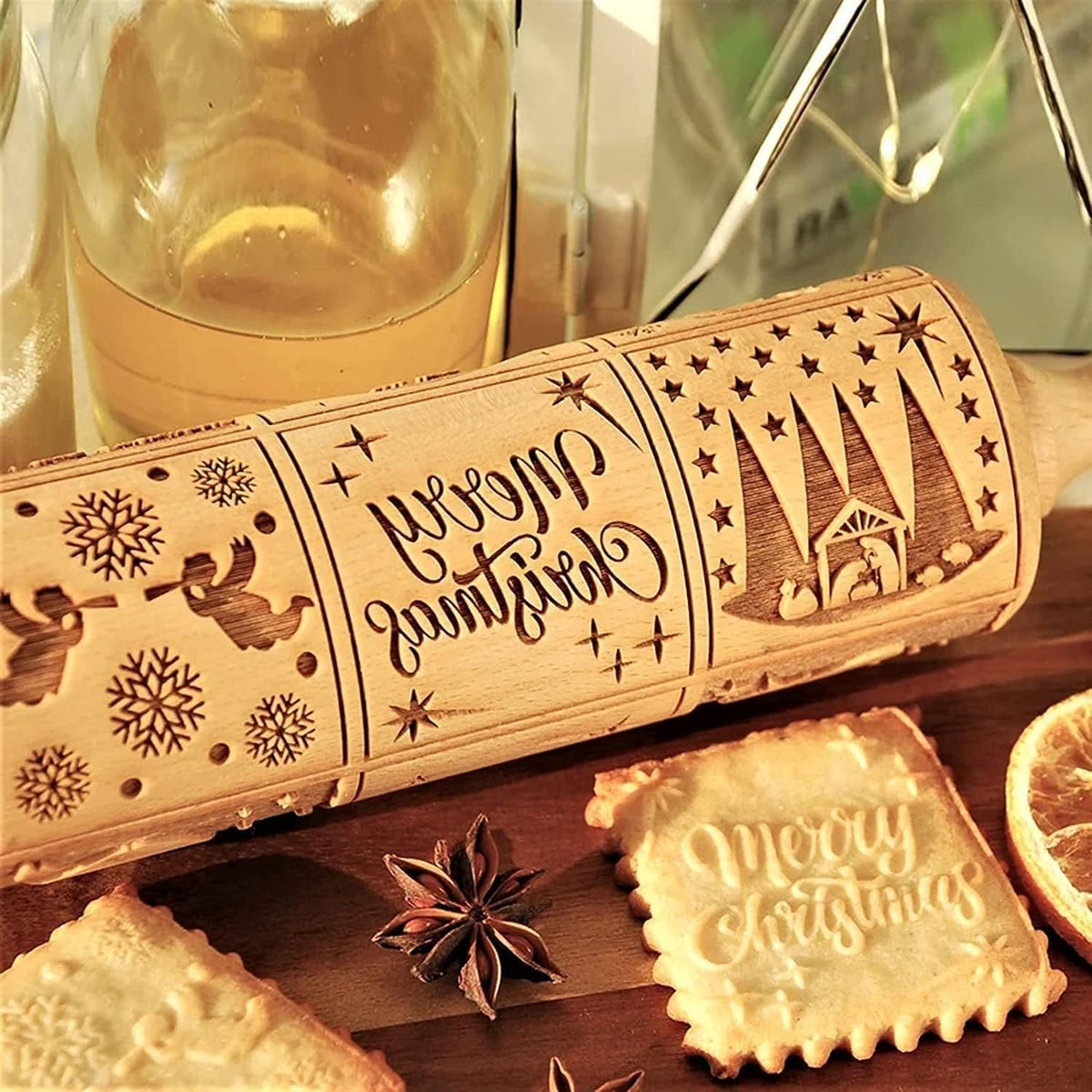 Christmas Wooden Rolling Pin for Baking Engraved Embossing Rolling Pin Cookie Stamps Roller Square Grid Cookies Mold Kitchen Decor Tools for Baking Embossed Cookies (9 Grilles Jesus)
