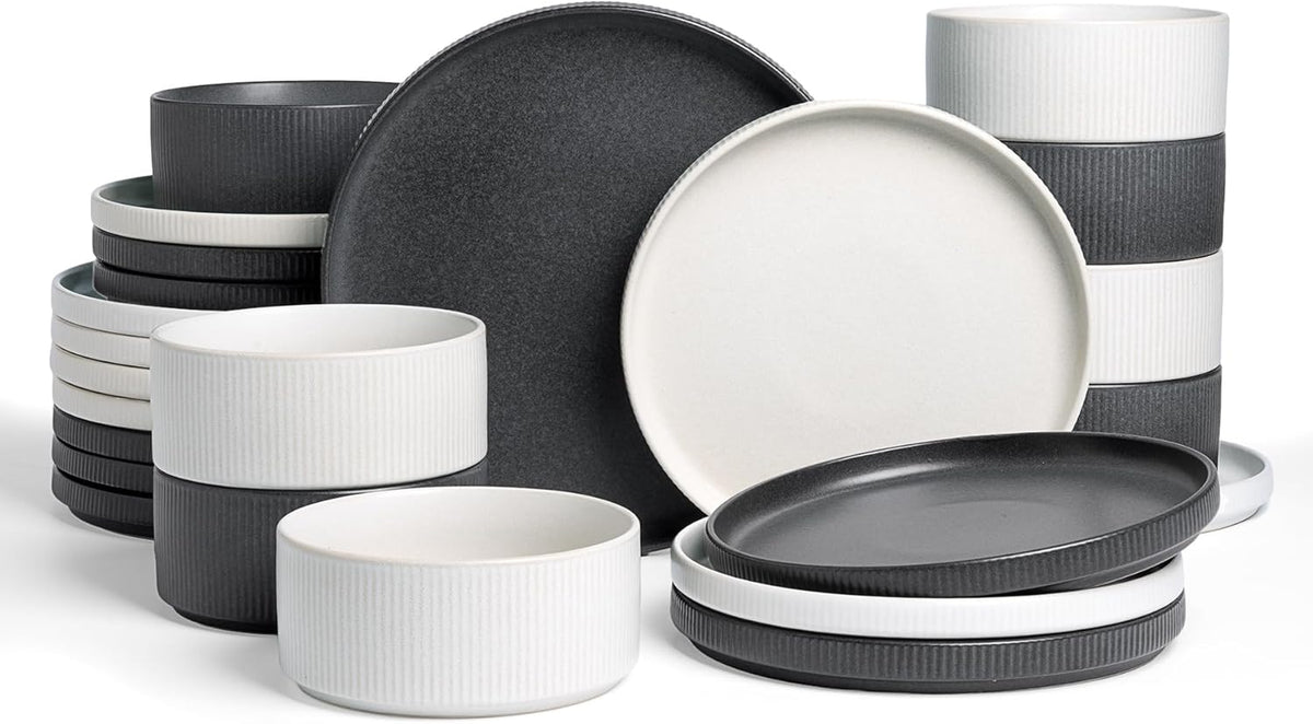 Famiware Star Dinnerware Set, Plates and Bowls Sets for 8 (24pcs), Ribbed Stoneware Dishes - Chip & Scratch Resistant, Microwave & Dishwasher Safe, Multicolor - Matte White & Matte Dark Charcoal