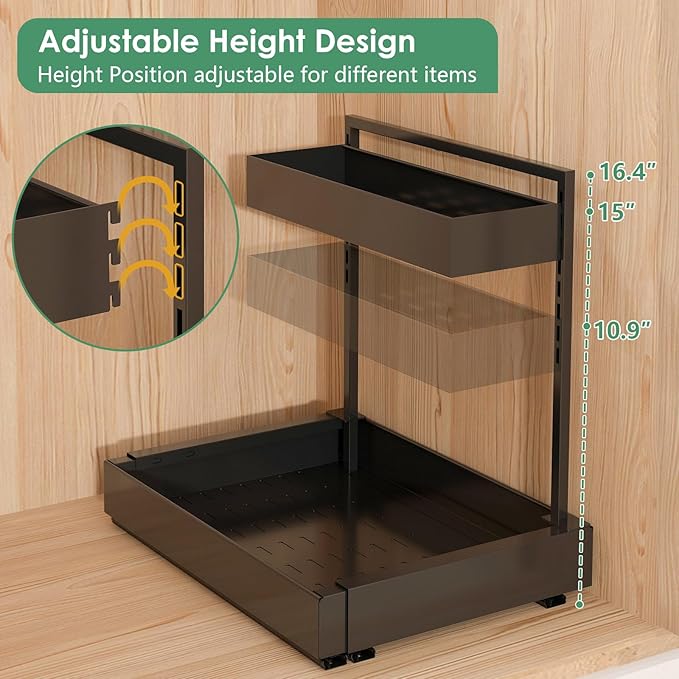 REALINN Expandable Under Sink Organizers and Storage, 2 Tier Under Cabinet Organizer, Heights Adjustable Pull Out Rack for Kitchen Bathroom Laundry, Black, 1 Pack