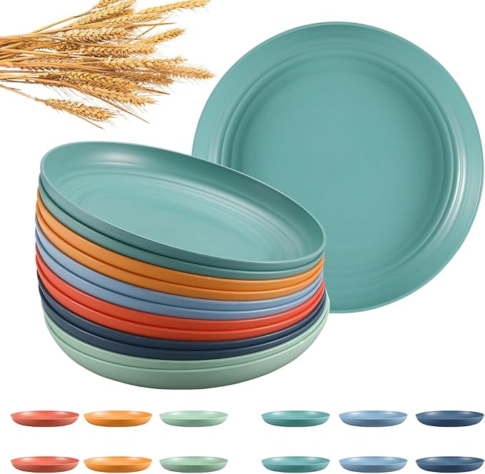 12 Pcs Unbreakable Deep Dinner Plates Set, 9 inch Reusable Plastic Wheat Straw Plates, Microwave and Dishwasher Safe Plate for Kitchen, Lightweight Plate for Dessert, BPA Free, 6 Colors