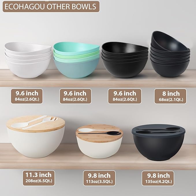 10" Large Salad Bowl with Sealing Lid & Serving Utensils,135Oz, Black Big Bamboo Fiber Salad Serving Bowl with Servers for Mixing/Serving (Silicone Dark Grey Lid)