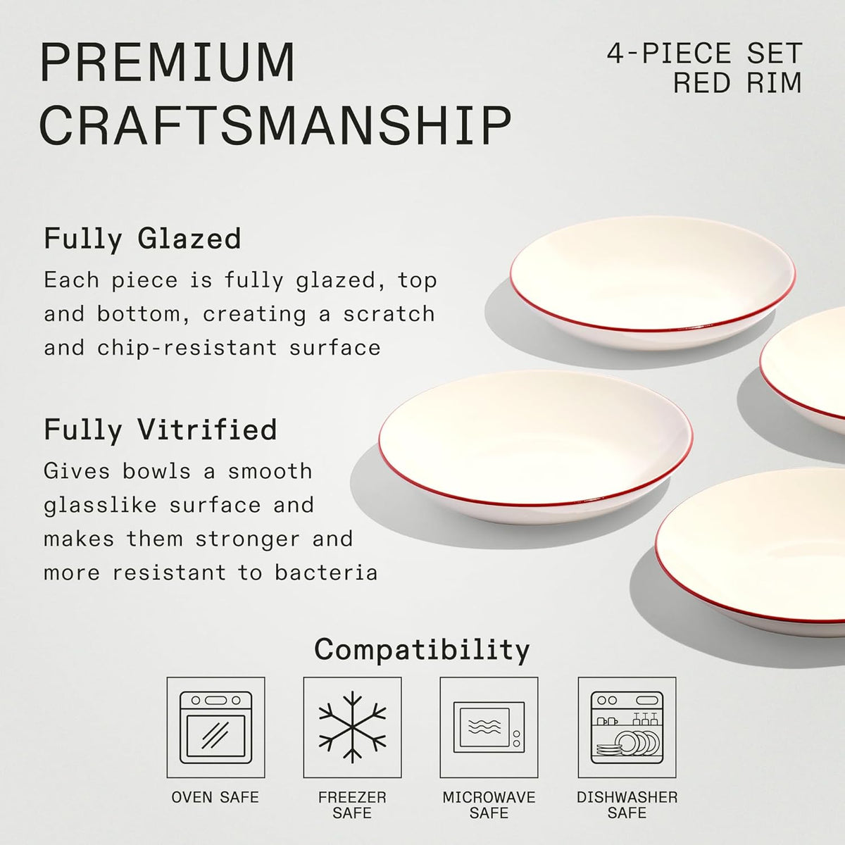 Made In Cookware - Set of 4 - Entrée Bowls - White With Red Rim - Porcelain - Crafted in England