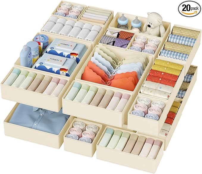 DIMJ Drawer Organizer Clothes - 20 Pack Closet Drawer Organizer Bins for Baby Clothes Storage, Fabric Dresser Organizer for Nursery Bedroom, Foldable Small Drawer Dividers for Underwear Socks