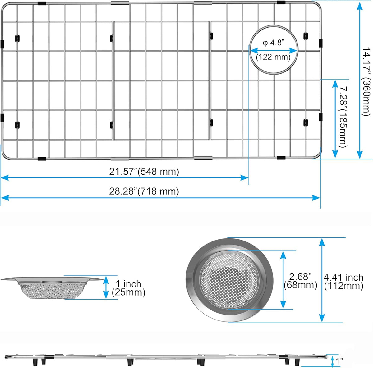 iPEGTOP Sink Bottom Grid, 3-Piece Stainless Steel Sink Protector 28-1/4" x 14-1/4" Side Drain Hole, Sink Grate for Bottom of Kitchen Sink Single Sink Bowl with Sink Hole Cover