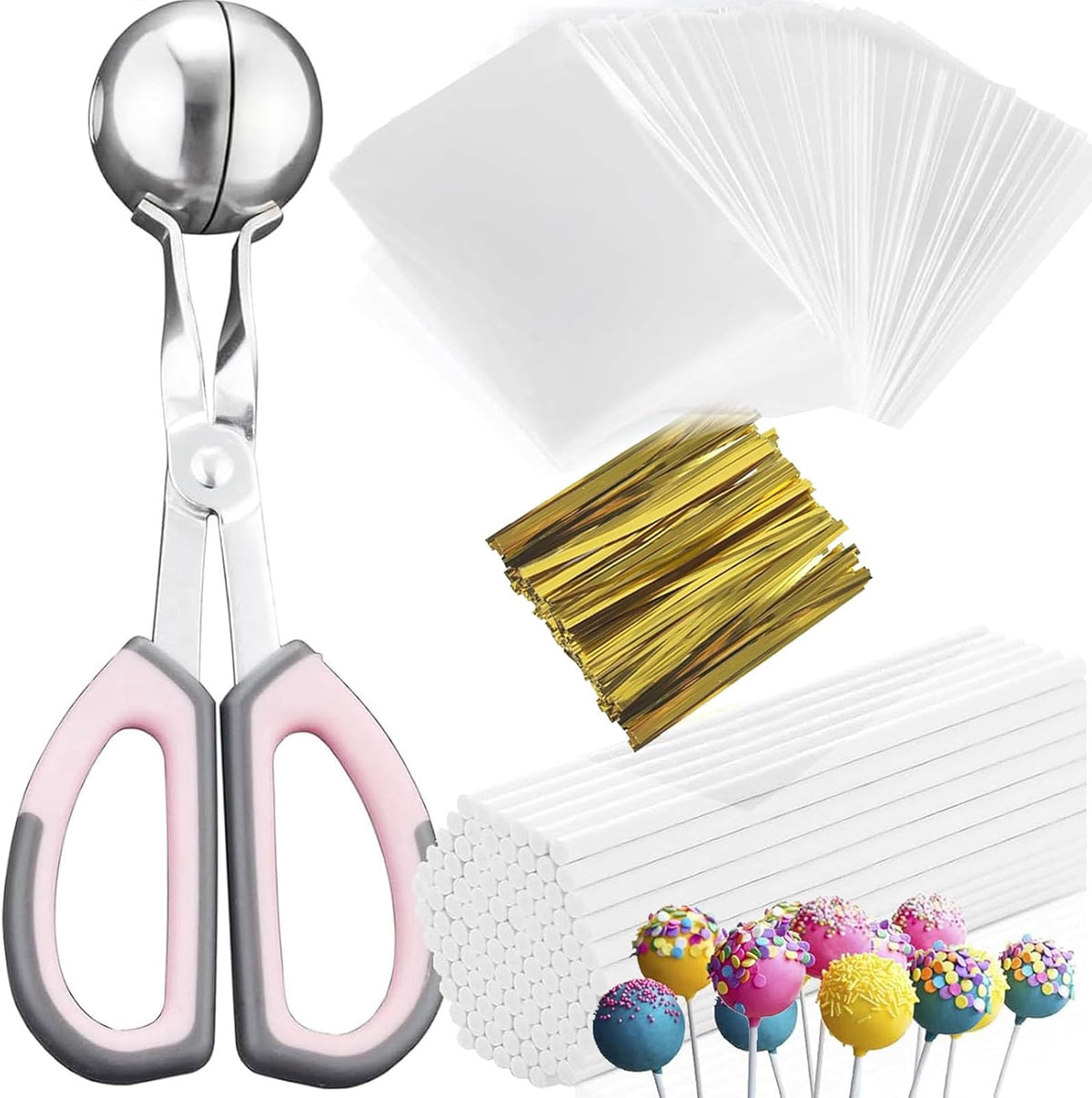 Cake Pop Kit, 100 6 inch Cake Pop Sticks, 100 Cake Pop Bags, 100 Twist Ties, 1 Cake Pop Mold Roller, Cake Pop Maker for Cake pops, Lollipop, Candies, Chocolates and Cookies (Pink)