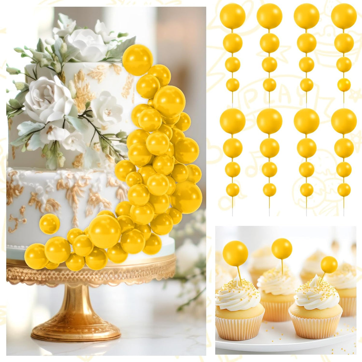 48 Pcs Yellow Cake Topper Decorations - Balloon Cupcake Toppers Foam Cake Balls for Birthday Party, Wedding Anniversary Cake Decorating